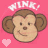 A 4-frame animated contact sheet of pixelated monkey faces on a pink background, each with "WINK!" text above and heart symbols below, showing alternating winked eyes across frames.
