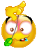 Yellow cartoon face with wide eyes and black eyebrows, holding a green leaf on a thin stick near its mouth