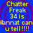 Blue background with purple spiral patterns and yellow text reading "Chatter Freak 34is Wannat can u tell !!!!" in four identical quadrants.