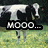 Pixelated cow icon with white body and black spots, standing on green grass against dark background, text changes from 'MOOO...' to 'I'm a Cow!' in black rectangular boxes.
