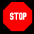 Red octagonal stop sign with white text 'STOP' and gray banner reading 'EATING ANIMALS', featuring animated hand gestures holding blue objects near the banner.