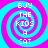 Four identical pixelated spiral patterns with alternating cyan and magenta rings, each containing white text reading BUY THE KIDS A CAT.