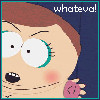 identical cartoon character faces with brown hair, large white eyes with green outlines, and pink cheeks, each with the text 'whateva!' above them on a dark blue background