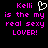 Pixelated text in bright pink on black background with a white heart symbol above the name Kelli.