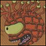 A pixelated cartoon eye with a red brick-patterned head, multiple smaller eyes on top, and a purple mouth with white teeth.