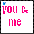 Pixelated icon with pink text 'you & me' and a blue heart symbol on white background.