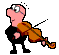 Pixelated cartoon character with pink skin and glasses plays a brown cello against gray background, showing motion
