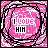 Pixelated pink and black animated buddy icon with "I LOVE HIM" text in a circular frame, showing three distinct animation frames of swirling patterns.