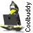 Animated contact sheet of a cartoon penguin mascot using a laptop, displayed in 3x3 grid with visible frame-by-frame motion changes.