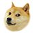 Pixelated doge face with light brown fur, black nose, and one eye squinted, set against a solid gray background.