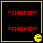 *CHOMP* text repeated twice in red pixelated font on black background with yellow border; four identical each contain a yellow Pac-Man icon at bottom-right corner