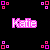 Pixelated pink and white text "Katie" appears on black background with four corner square clusters in varying pink shades.