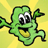 Green cartoon character with large white eyes and black pupils, open mouth showing yellow tongue, arms raised against a gradient yellow background.