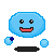 Blue octagonal character with red mouth and black eyes, standing on dark base with floating blue spheres around it.