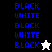 Blue text reading BLACK and WHITE alternates vertically on black, white, and gray backgrounds with a pixelated star icon changing from white to black.