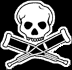 Two pixelated skull-and-crossbones icons side-by-side on black background, left white with dark eye sockets, right inverted with light eyes and jaw.