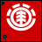 Red square icon with white circular symbol and changing text below, displaying 'element' variations in a