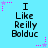 Light blue background with repeated text "I Like Reilly Bolduc" in black pixelated font, surrounded by pink and purple star-shaped pixel decorations.