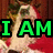 A pixelated image of a person with red hair and beard wearing a red outfit, overlaid with large green text reading "I AM" on the left side.