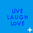 Blue background with repeated 'LIVE LAUGH LOVE' text in blue, white star-like shapes scattered across the image.