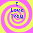 Four identical spiral patterns with yellow and pink stripes, each containing blue text reading "I Love Troy" in a pixelated font.