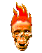 Four pixelated skull icons with orange-red flames atop heads, arranged in a on gray background
