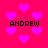 Pixelated pink heart shapes float over a bright red background with four instances of the name ANDREW in black block letters.