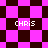 Pixelated icon with four instances of 'CHRIS' text over shifting pink and dark brown checkered patterns.