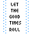 Animated contact sheet of a 5x5 grid showing sequential frames of an icon with text "LET THE GOOD TIMES ROLL" and small pink hearts on blue dotted background.