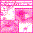 Pixelated pink and white composition with abstract shapes, including a central cluster of dark pink pixels on light pink background and scattered yellow accents.