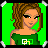 A 3x2 contact sheet of pixel art frames showing a cartoon woman in various poses with green background and text fragments, part of an animated buddy icon sequence.