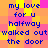 Pixelated text in blue reads 'my love for u halfway walked out the door' repeated across a of yellow and pink squares