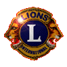 Lions International logo with two roaring lion heads flanking a central blue circle containing a white L, surrounded by a gold border with text.