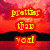 Animated sunset scene with red-orange sky, black landmass silhouette, and yellow text reading "prettier than you" that appears in the first frame.