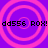Purple background with four pink concentric circles arranged in a , each containing black pixelated text reading "dd556 ROX!"