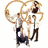 Animated sequence showing a figure with large circular rings above, transitioning to flames and then to a group of people.