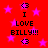 Red background with pink stars and repeated text "I LOVE BILLY!!!" alongside heart symbols in pixelated style.