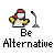Pixel art icon shows a figure with red headwear, yellow shoulder pads, and a white torso holding a microphone stand, with 'Be Alternative' text below.