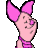 Pixelated cartoon character with pink ears and striped top next to text reading "PIGGY IN PINK" on a gradient pink background.