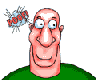 A cartoon character with a large nose and green shirt appears in showing changing expressions and small animated figures near the head