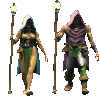 pixelated figures in hooded robes holding street lamps, alternating between two distinct character designs with green and purple clothing