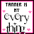 Pixelated graphic with bold text reading 'TANNER IS MY EVERYTHING' surrounded by pink heart symbols on a white background.