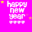 Pixelated 'happy new year' text in white with pink hearts and yellow stars on a bright magenta background.