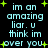 Pixelated text on black background with yellow stars, repeating 'im an amazing liar. u think im over you.' in cyan letters.