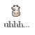 Pixelated cow head icon with gray and white coloring, brown nose, two small horns; left side shows 'uhhh...' text in dark gray, right side shows 'oink?' text in pink.