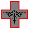 Nine red-outlined gray crosses with black tribal-style designs, arranged in a showing animation frames where the central design shifts slightly between positions