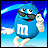 Pixelated blue M&M's candy character with white 'M' logo, wearing sunglasses and holding a small object against a gradient blue background.