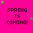 Bright pink background with black text reading "SPRING IS COMING!" and scattered green and purple stars.