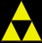 A yellow and black geometric pattern with a central black triangle surrounded by four smaller yellow triangles, set against a dark background.