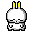Pixelated white rabbit-like character with yellow ears in multiple poses on gray background, showing head turns and body angles.
